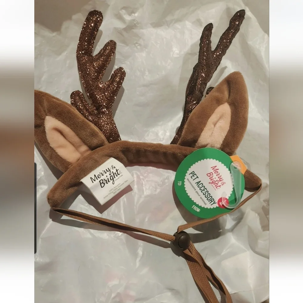 NWT Merry & Bright Brown Glitter Reindeer Antlers Headband For Pets Size L/XL